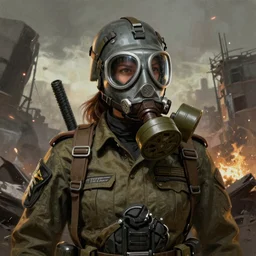 A comic book style portrait painting of a female soldier wearing gasmask in a post apocalyptic setting, unreal 5, DAZ, hyperrealistic, octane render, RPG portrait, dynamic lighting