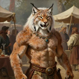 An award winning oil painting of upper body of a cool looking and happy muscular lynx beast-man with white mane and brown body fur at a bustle medieval market. He has long and pointy tail. He is wearing tribal clothing. Renaissance style lighting. Trending on artstation.