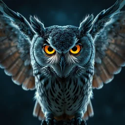 cgsociety, highly detailed, blue night lighting, bright golden eyes in the night, cinematic lighting, symmetrical, concept art, illustration, art by artgerm and greg rutkowski, portrait of a gray owl attacking with spreaded wings, alphonse mucha, artstation, digital painting, sharp focus, album cover art