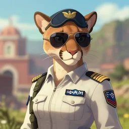 character portrait feature of the anthro female anthropomorphic puma cougar fursona wearing aviator sunglasses fighter jet pilot outfit uniform professional pilot for us air force character design stylized by charlie bowater, ross tran, artgerm, and makoto shinkai, detailed, soft lighting, rendered in octane, peru in background