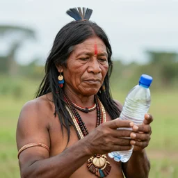 Portrait of an Amazon indigenous tribe leader finding a plastic bottle at the shore of the Amazon River, 1980s photography