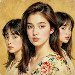 “ liv tyler portrait by ikenaga yasunari and ayana otake and ko rakusui, 6 0 s poster, drawing, realistic, sharp focus, japanese, dreamy, nostalgia, faded, golden hues, floral clothes, porcelain skin ”