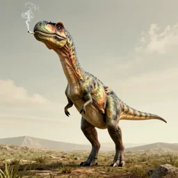 a realistic photo of a dinosaur standing on two legs smoking a cigarette in their mouth hdr professional shot, full body