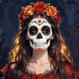 Illustration of a sugar skull day of the dead girl, art by rene magritte