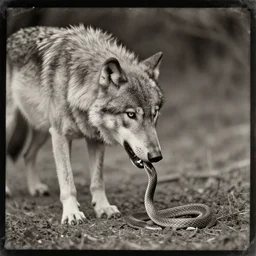 tintype photo of a wolf eating a snake