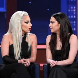 lady gaga and aubrey plaza side eyeing each other during a late show interview
