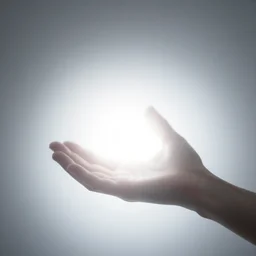 a blurry aura glowing in a white mist, human holding hand out