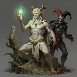 a digital painting of a ancient greek satyr with nature magic, young handsome pale roma, grim dark jester from gwent cards, a character portrait by senior character artist, polycount, vanitas, sketchfab, speedpainting, zbrush