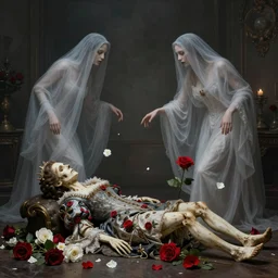a French queen’s dead body, two ghosts splitting apart, rising above the body, red and white flowers, baroque, feminine