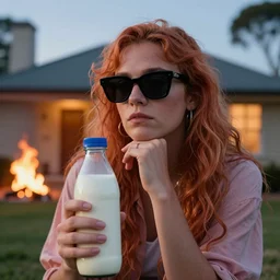 a beautiful portrait of an australian bogan lost in his thoughts, wearing a pair of futuristic sunglasses, looking at the bottle of milk he's holding, a beautiful house on fire in the background, photography, volumetric lighting, 8 k