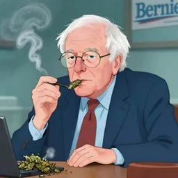 a cartoon illustration of Bernie sanders smoking weed