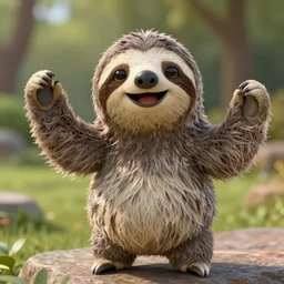 an anthropomorphic sloth smiling and waving