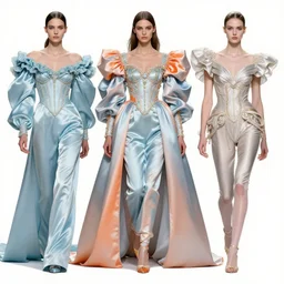 a show design by leonardo davinci design by balenciaga ,satan ,silk blue and orange,pastel colours ,white background , hyper realistic, highly detailed, fashion design, baroque, matte painting, concept art, hdri, 4k