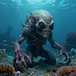 a weird creepy creature on the bottom of the ocean, very detailed and photorealistic