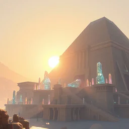 futuristic egyptian citadel, highly detailed crystal and gemstone relics, bright sun magic hour, digital painting, solid cube of light, hard edges, artstation, sharp focus, illustration, 8 k highly detailed