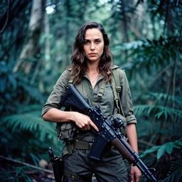 film still, medium shot of gal gadot in the jungle as a vietnam door gunner, apocalypse now, associated press,, 2 6 mm, kodak ektachrome, blue tint expired film