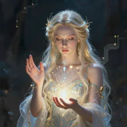 the ethereal queen of technology bestows the gift of circuits to humanity. matte painting. fantastic.