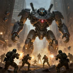 war of the worlds, giant mech attack new york, human soldiers, intense fighting, glowing lights! digital painting, very detailed, art by jakub rozalski