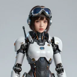centered portrait photo of young lorena herrera as a solarpunk mecha humanoid robotic parts wearing goggles with bright lights, real human face, pudica pose, inside white room, ultra - realistic and detailed, 8 k