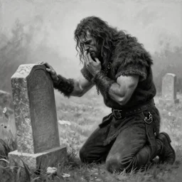 Fierce male barbarian kneeling down and crying at his lover's gravestone, sad, pastel painting, monochromatic, realistic, emotional, loneliness, despair, knees on the ground!, trending on artstation, 16K HD