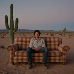 a man sitting on a plaid couch alone in a western desert at dusk, cactus adjacent, lowbrow, matte painting, highly detailed, in the style of mark ryden