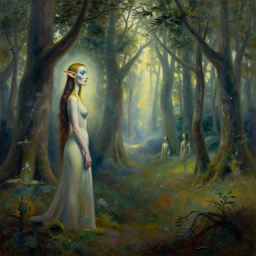A Salvador Dali oil painting of a hauntingly beautiful elven forest in the morning; rays of light coming through the canopy; trending on artstation; extraordinary masterpiece!!!!!!; 8k