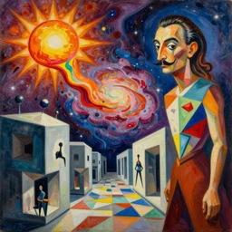 a hd detailed photorealistic surrealism painting of calligraphy cubism figures melting into a warm picasso galaxy landscape by dali and zaha hadid, vivid colors, complimentary colors, melting sun, melting 4d cubes, hallway landscape, 8k, hd, high quality, ultra realistic, acrylic oil on canvas
