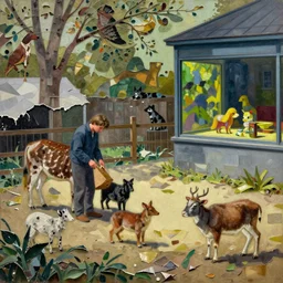 petting zoo with small creatures by shaun tan, intricate, torn paper decollage, oil on canvas by edward hopper, ( by mattias adolfsson ), by moebius