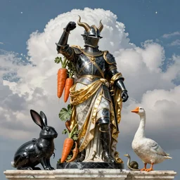 portrait, war, knight, rabbit, horns, wide angle, puffy clouds, skies behind, stars in sky, italian masterpiece, Ashford Black Marble, sculpture, baroque,  draped with orange carrot and vines and spines, marble and gold, drapes, white details, beetle, still life, Obsidian, portrait, rabbit, snails vs worms, goose, render, artstation, ultra detailed