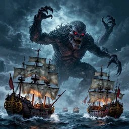 lot of pirate ships fighting a big cthulu monste during a stormy night, rule of thirds, nestor canavarro hyperrealist, sharp outlines, cinematic style, lot of foam