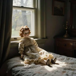 upstairs bedroom, light streaming in from window illuminating antique doll, Andrew Wyeth