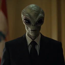a cinematic film still of A horror film about an evil alien president, portrait, 40mm lens, shallow depth of field, split lighting, cinematic