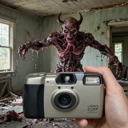 a 1 9 9 0 s era disposable camera photograph with camera flash of a male demonic creature made of slimy oozy meat and veins inside an abandoned house attacking the pov, photorealistic, render octane, concept art, film