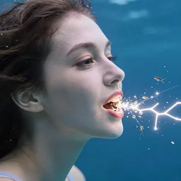 a woman underwater with lots of tiny tadpoles in her mouth and coming out lighting 3 5 mm cinematic realistic