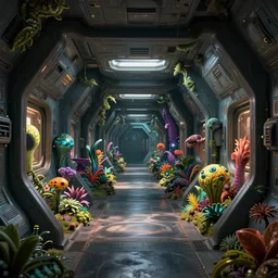 science fiction spaceship corridor colorful alien strange plants vegetation infestation, gloomy unreal engine, cinematic lighting