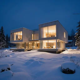 a glass modern architecture mansion frozen snow alaska night architectural photography
