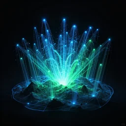 a black background with blue and green lights, a hologram by puru, tumblr, holography, glowing lights, black background, luminescence