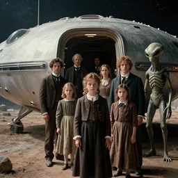 35mm still from a sci fi blockbuster movie made in 2022, set in 1860, of a family leaving a spaceship, that has just landed on an alien planet, wearing 1850s era clothes, a humanoid alien stands nearby, cinematic lighting, 8k, in focus faces, oscar winner, high quality photography