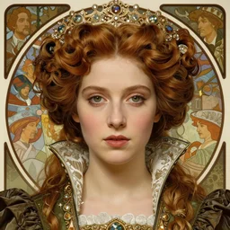 realistic detailed face portrait of beautiful young Queen Elizabeth Tudor in the style of Alphonse Mucha by Alphonse Mucha, Ayami Kojima, Yoshitaka Amano, Charlie Bowater, Greg Hildebrandt, Jean Delville, Adam Hughes, Karol Bak, and Mark Brooks, Art Nouveau, Gothic Revival, Pre-Raphaelite, exquisite fine details, 8k resolution, deep rich moody colors