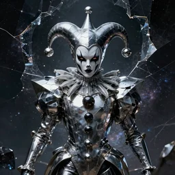 impressive ominous front!! shot photo of a court jester character fine portrait fine portrait mesmerizing visionary hyper cubes platinum cracked dark future dimensional space galactic crystal nebula edges elegant detailed intricate concept artstation sharp focus ray tracing cinematic masterpiece temporal corruption beeple wlop germ 8 4 k scifi glossy realistic illustration canon eos r 3 fujifilm x - t 3 0 sony alpha