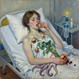 dead flowers, portrait of a female art student in a hospital bed, sensual, wilted flowers, squashed berry stains, octopus, scientific glassware, eating rotting fruit, oxygen tank, candlelight, neo - impressionist, surrealism, acrylic and spray paint and oilstick on canvas