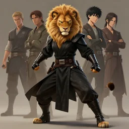beautiful portrait of a angry female anthropomorphic lioness fursona wearing black jedi robes. leather gloves. leather boots. combat stance. character design by charlie bowater, ross tran, artgerm, and makoto shinkai, detailed, soft lighting, rendered in octane
