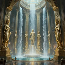 interior of a massive scifi high tech religious room with waterfalls and art deco statues, intricate digital painting artstation concept art smooth sharp focus illustration, art by artgerm and paul chadeisson and greg rutkowski and alphonse mucha