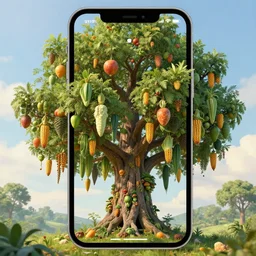 a surreal yet plausible iphone photo of an ancient tall fruit tree with numerous kinds of hybrid fruits and vegetables hanging from it, SCP-777 the ultimate chimera tree of cornucopia, CGSociety render, 8k, HDR, by James Gurney, by Zdislaw Beksinski with a vibe from Thomas Kinkade