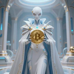 detailed art of bitcoin in poop, benevolent, scifi, futuristic, elegant cape, intelligent man, alien room background, white, blue, gold, trending on artstation, soft light, holy machine, advanced technology, art by vitaly bulgarov and nivanh chanthara, craig mullins
