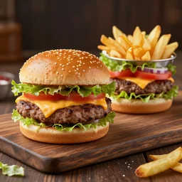 Juicy hamburger and fries shot, double meat cheeseburger with letuce onion and tomato on 30mm, unreal engine
