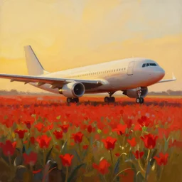 a painting of an airplane standing in a field of red flowers by craig mullins, golden hour, trending on artstation, color field, concept art, artstation hd, matte drawing