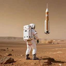 Detailed photo of an astronaut seen from behind, he is standing on top of mount Venus on Mars, he is watching the Starship Super Heavy landing at the background, by Jordan Grimmer