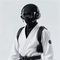 Jujitsu Sun. Beautiful cyberpunk assassin wearing a cyberpunk headset and tactical gear with a sun icon. Yellow theme. In style of Moebius and Laurie Greasley.