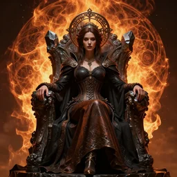 steampunk pyromancer woman, ornamental halo, black clothes, corset, brown body, intricate robes, sitting on obsidian throne, fractal fire background, sharp focus, highly detailed, cinematic lighting, studio quality, chiaroscuro, smooth render, unreal engine 5 rendered, octane, rendered, by artgerm, greg rutkowski, alphonse mucha